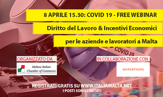COVID-19 Webinar gratuito: Diritto del Lavoro & Incentivi Economici per le aziende e lavoratori a Malta poster