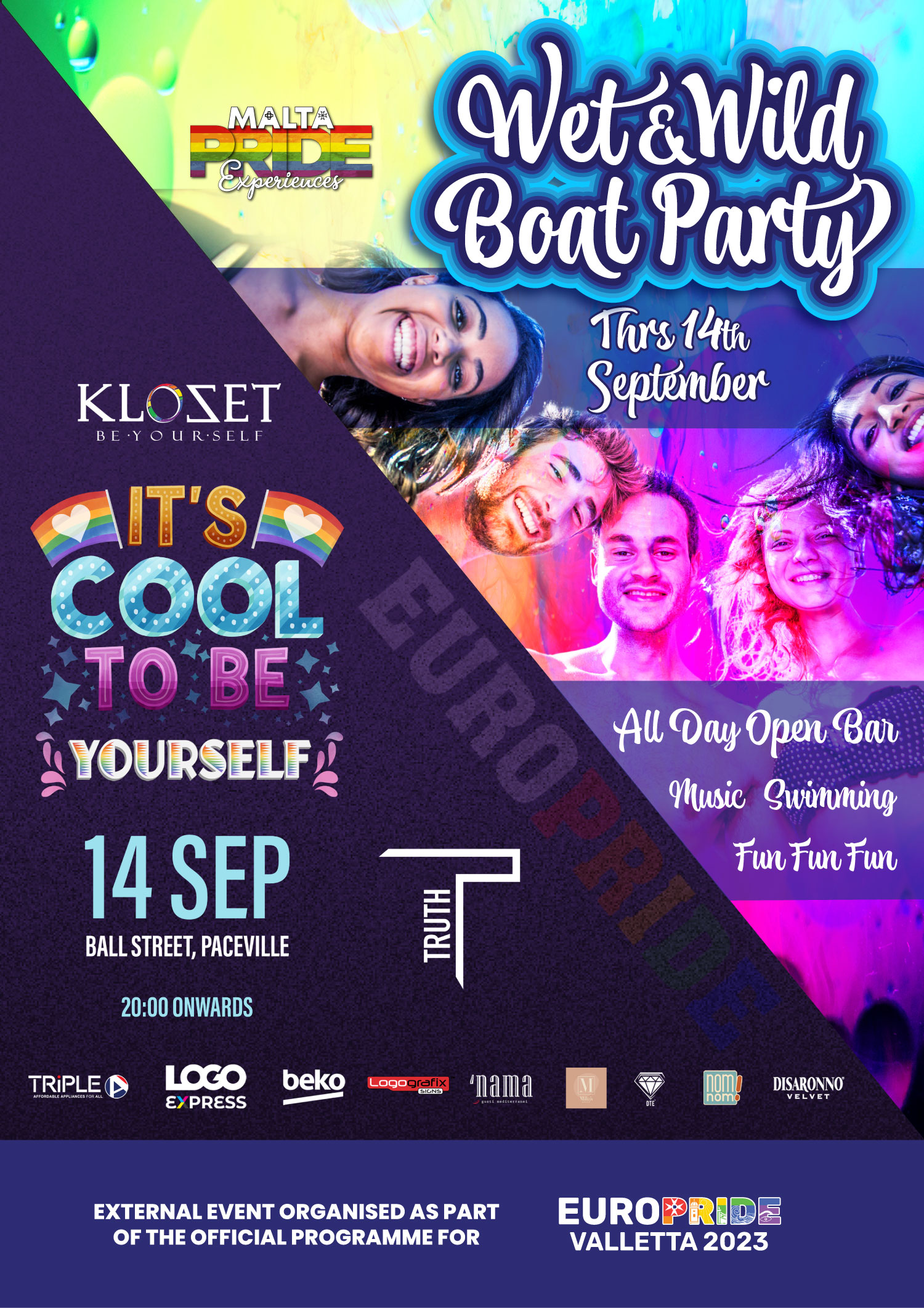 EUROPRIDE 2023 - Wet & Wild Boat Party & It's COOL to be YOURSELF Party poster